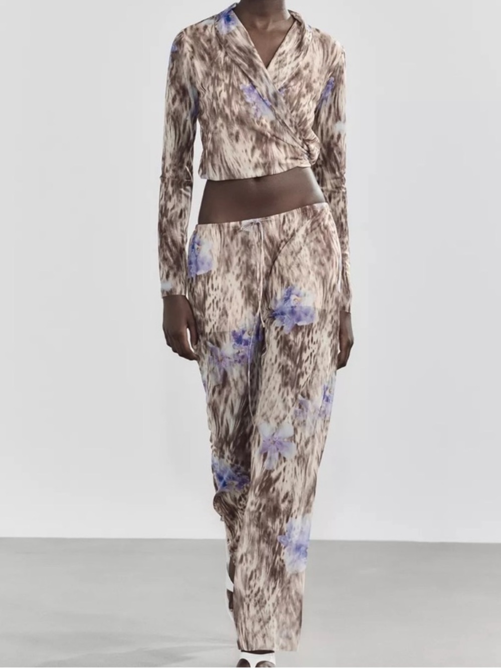 ZARA Sheer Printed Wide Leg Pant & Wrap Top Set | NWT